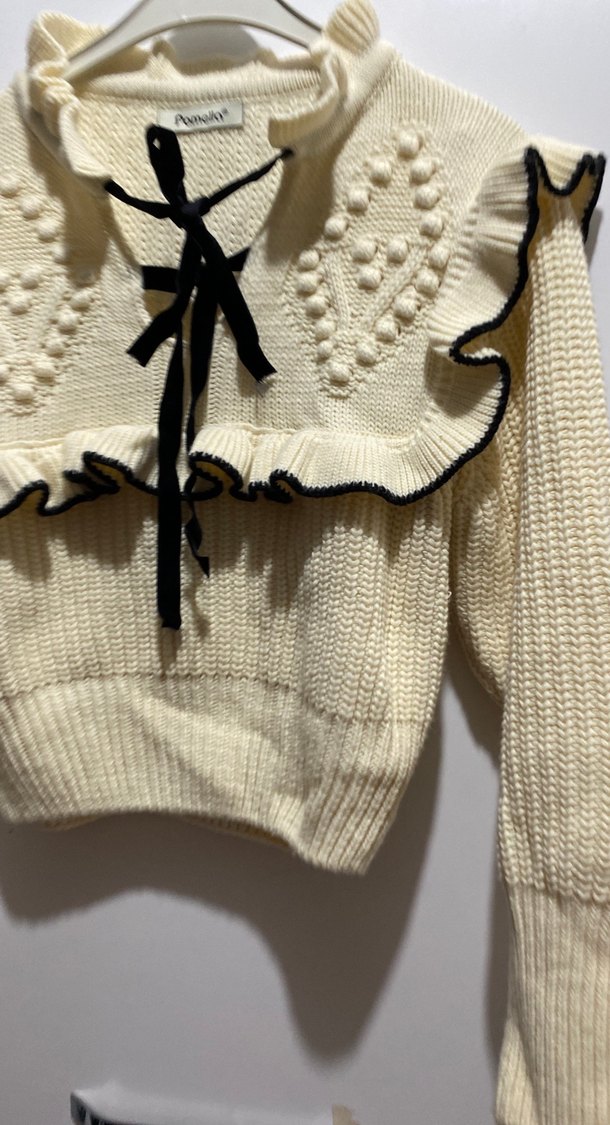 Beyaz Nakışlı Bohem Triko Mini Kazak - Görsel 3