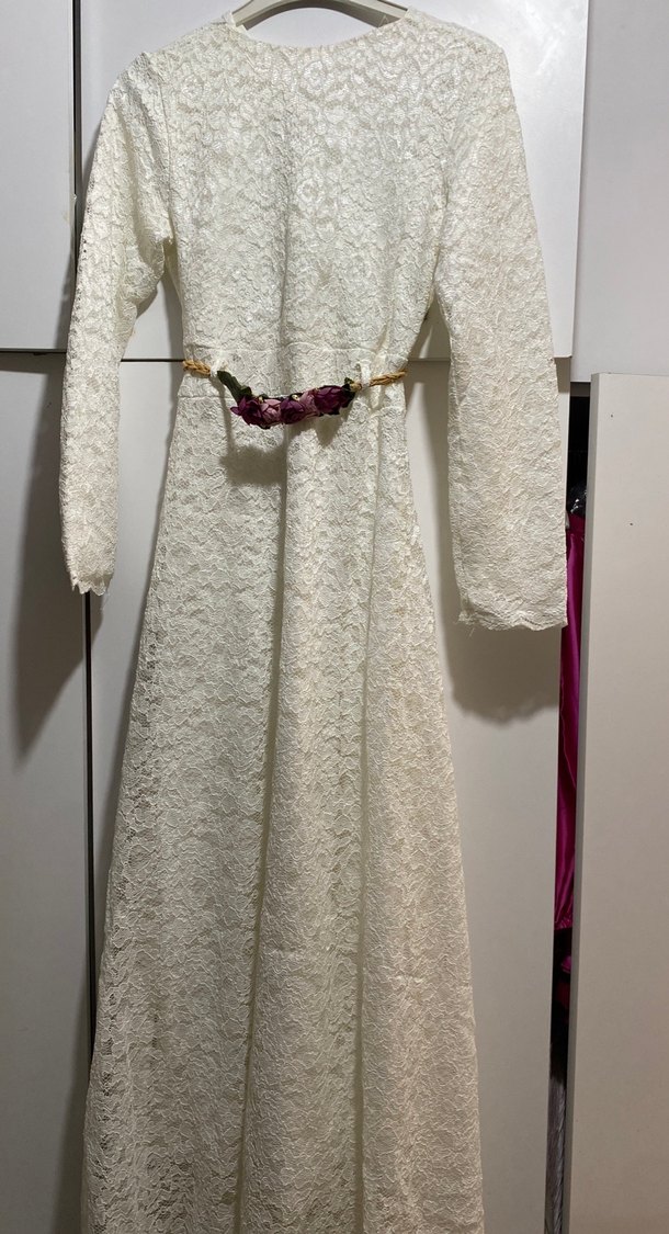 Dantel Detaylı Beyaz Uzun Bohem Gelinlik - Görsel 2