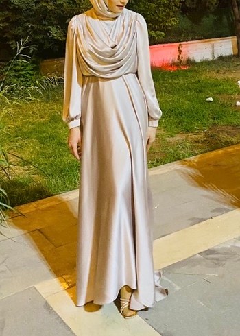 Bej Uzun Kollu Drapeli Kadın Abiye Elbise - Görsel 3