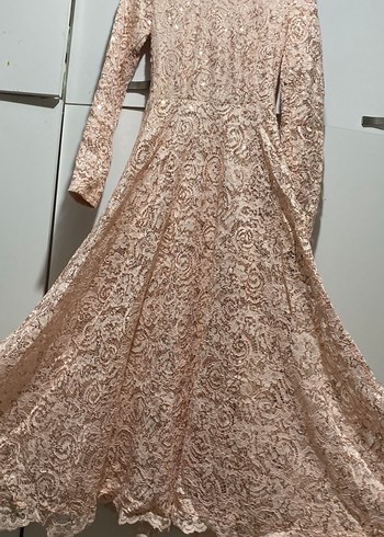 Bej Dantel İşlemeli Uzun Kollu Uzun Elbise - Görsel 5