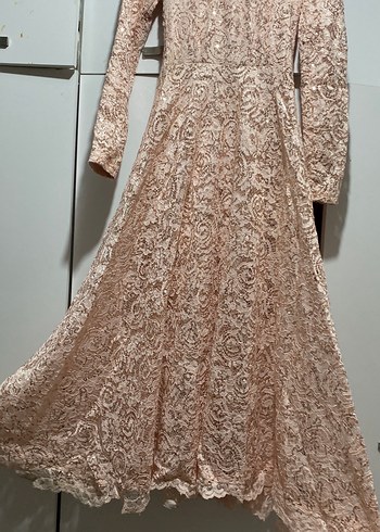 Bej Dantel İşlemeli Uzun Kollu Uzun Elbise - Görsel 7