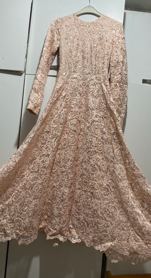 Bej Dantel İşlemeli Uzun Kollu Uzun Elbise - Görsel 5