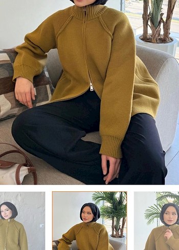 Kadın Haki Örgü Yarım Fermuarlı Kazak - Görsel 2