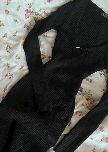 Siyah V Yaka Uzun Kollu Triko Mini Elbise - Görsel 3