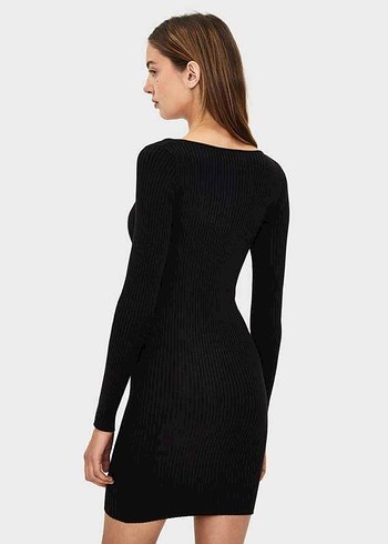 Siyah V Yaka Uzun Kollu Triko Mini Elbise - Görsel 2
