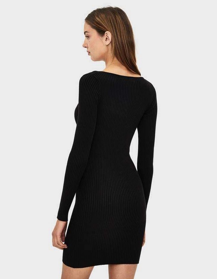 Siyah V Yaka Uzun Kollu Triko Mini Elbise - Görsel 2