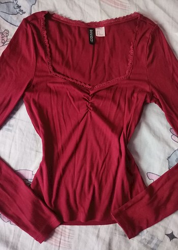 Bordo Dantel Detaylı V Yaka Uzun Kollu Bluz - Görsel 3