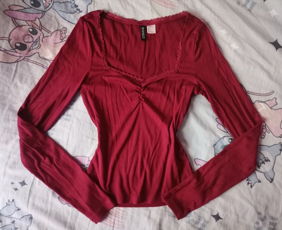 Bordo Dantel Detaylı V Yaka Uzun Kollu Bluz - Görsel 3