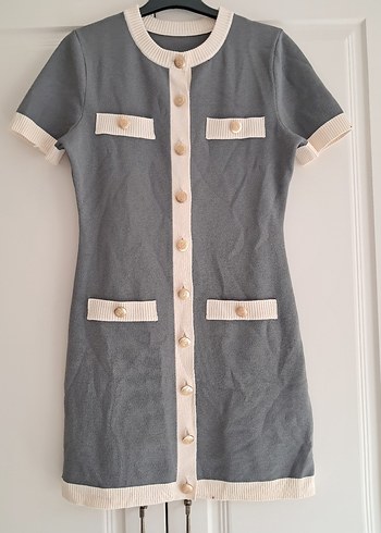 Düğmeli Gri Midi Kısa Kollu Elbise - Görsel 2