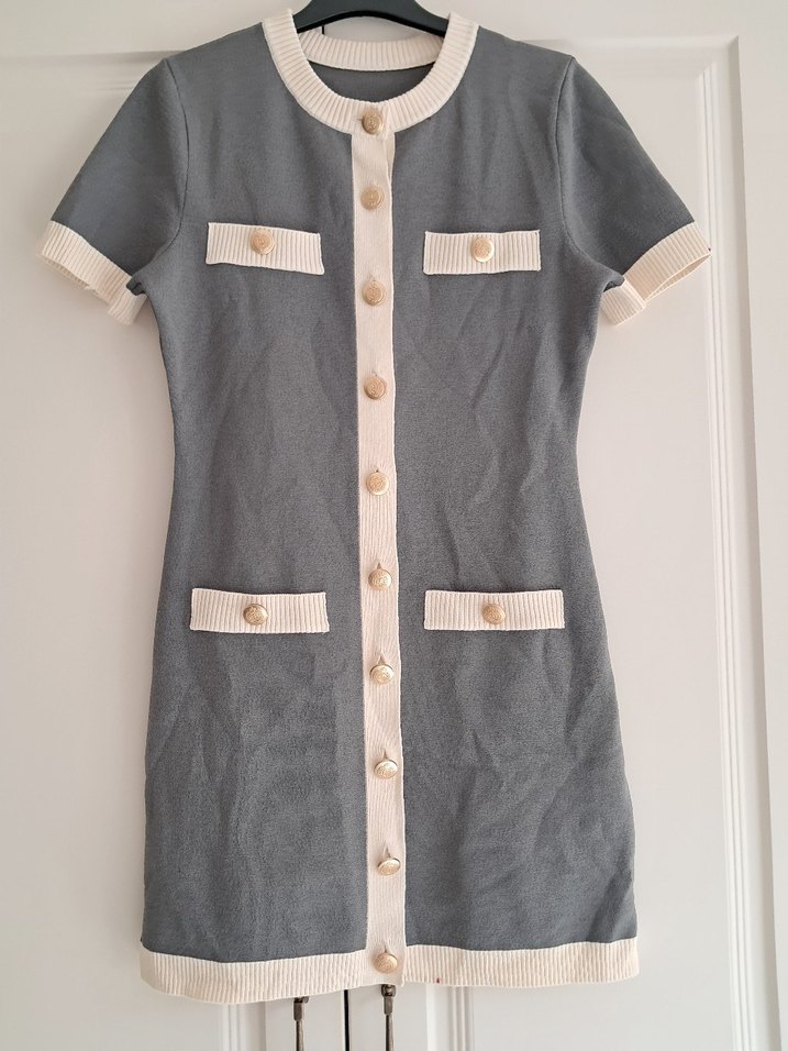 Düğmeli Gri Midi Kısa Kollu Elbise - Görsel 2
