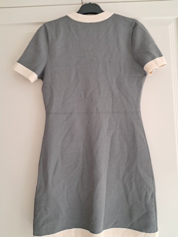 Düğmeli Gri Midi Kısa Kollu Elbise - Görsel 3
