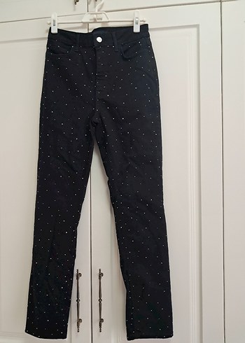 Düğmeli Siyah Pullu Kadın Kot Pantolon - Görsel 2