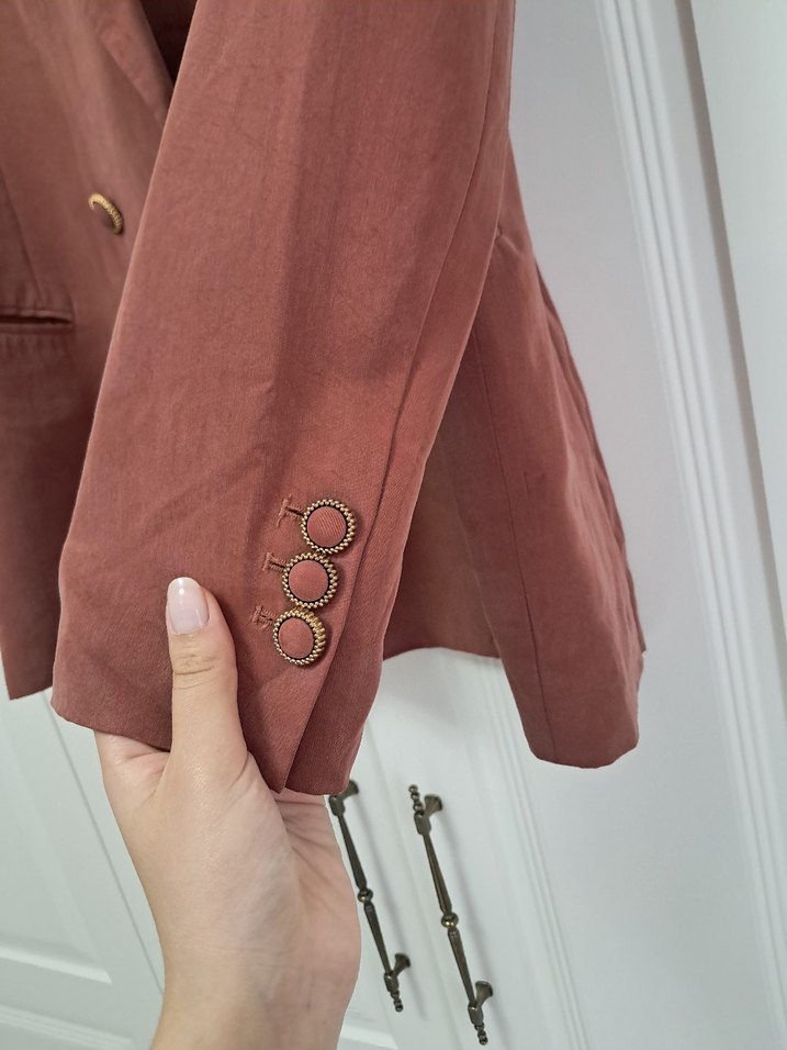 Pastel Kahverengi Kadın Keten Blazer Ceket - Görsel 2