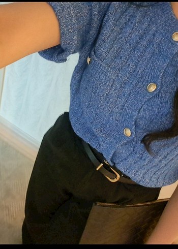 Şık Kadın Kısa Kollu Mavi Kazak - Görsel 3