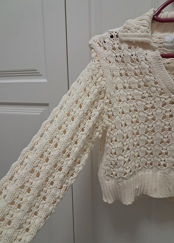 V Yaka Örgü Beyaz Bohem Kız Çocuk Kazak - Görsel 3