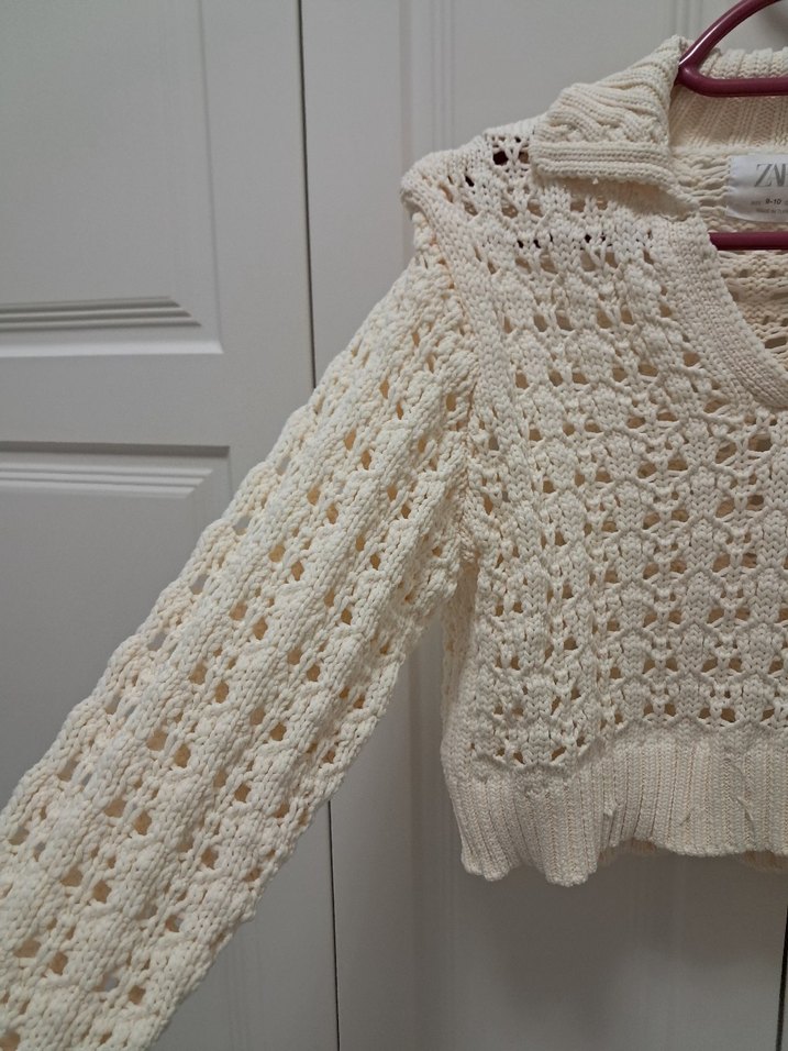 V Yaka Örgü Beyaz Bohem Kız Çocuk Kazak - Görsel 3