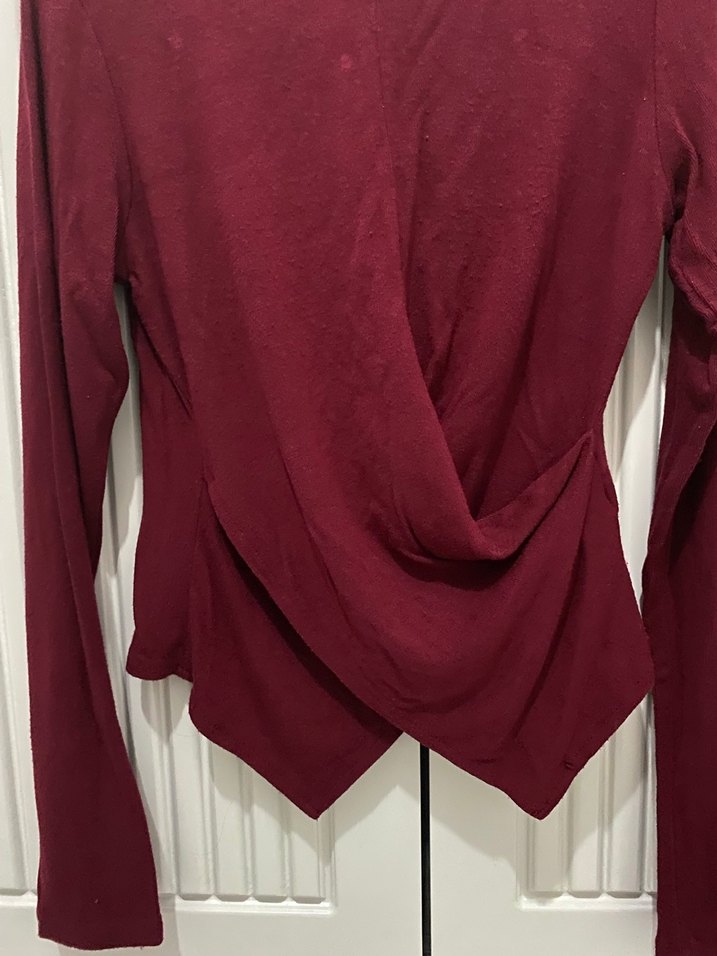 Bordo Keten Uzun Kollu Drapeli Bluz - Görsel 2