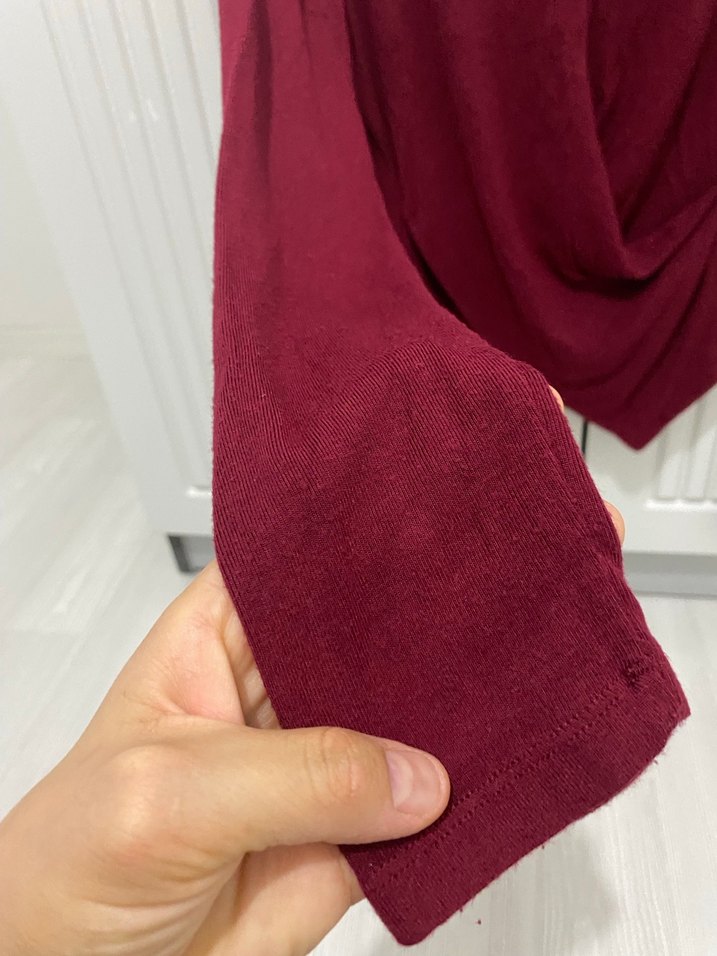 Bordo Keten Uzun Kollu Drapeli Bluz - Görsel 3