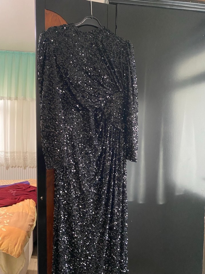 Uzun Siyah Drapeli Kadın Abiye Elbise - Görsel 5