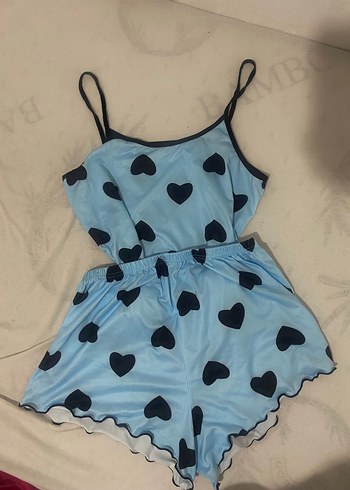 Mavi Kalp Desenli Mini İp Askılı Pijama Takımı
