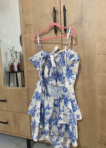 Sheinside Mavi Beyaz Çiçekli Mini Elbise