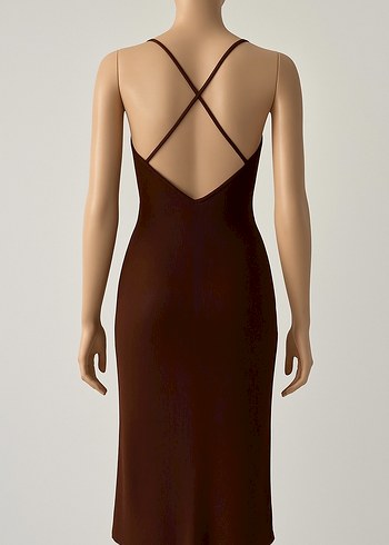 Kahverengi V Yakalı İnce Askılı Midi Elbise - Görsel 3