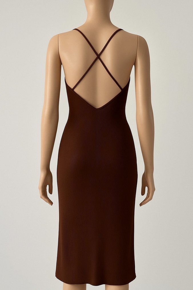Kahverengi V Yakalı İnce Askılı Midi Elbise - Görsel 3