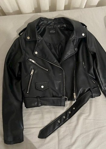 Kemerli Siyah Mini Deri Biker Ceket - Görsel 2