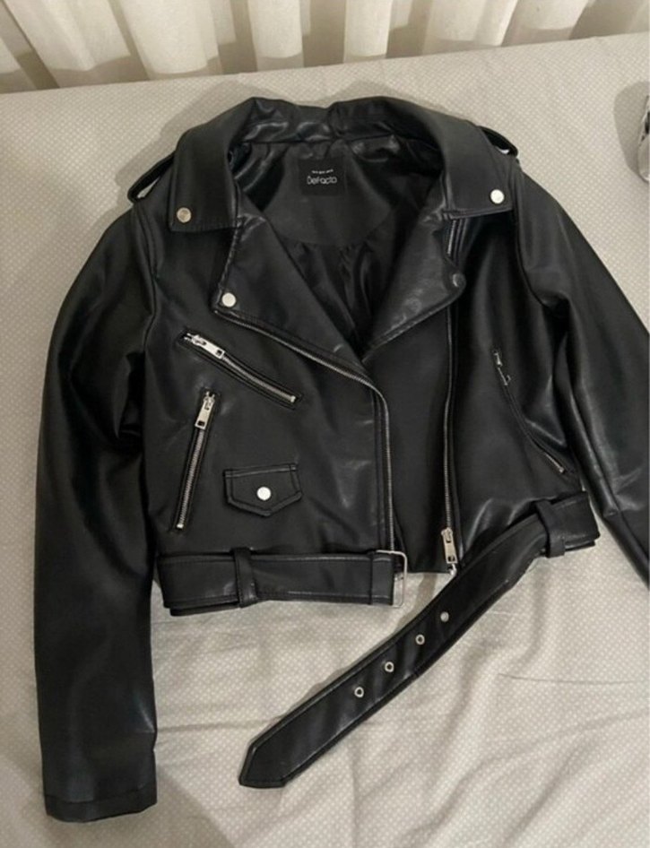 Kemerli Siyah Mini Deri Biker Ceket - Görsel 2