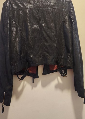 Kadın Siyah Yılan Desenli Deri Biker Ceket - Görsel 3