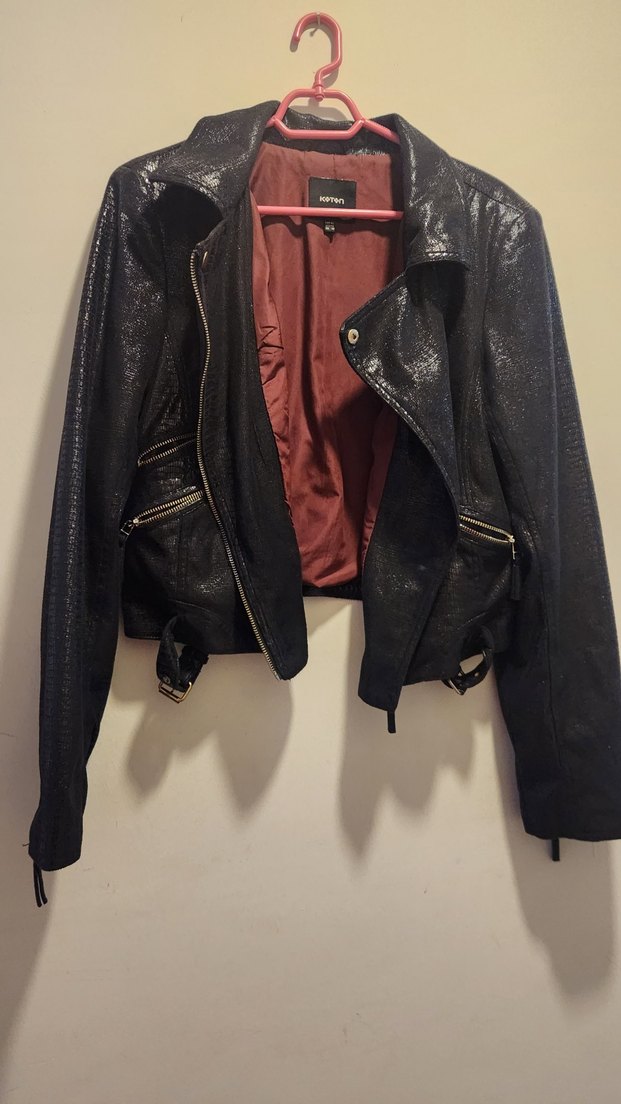 Kadın Siyah Yılan Desenli Deri Biker Ceket - Görsel 2