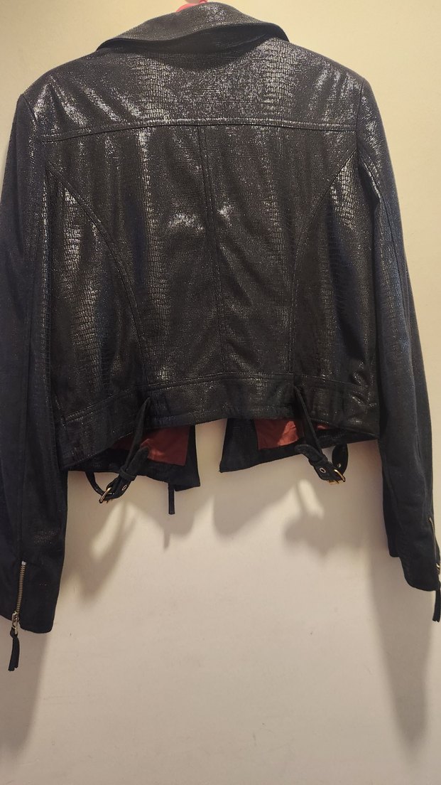 Kadın Siyah Yılan Desenli Deri Biker Ceket - Görsel 3