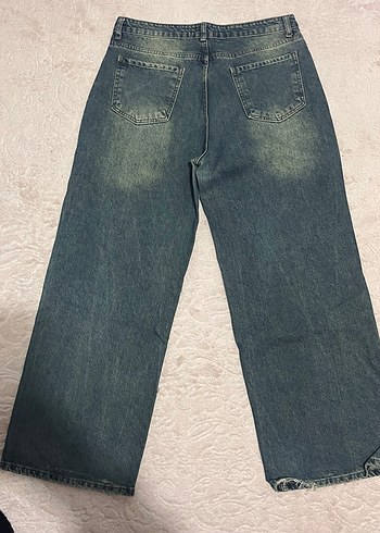 Diğer Yeşil eskitmeli baggy Bol Kesim Kadın Kot Pantolon