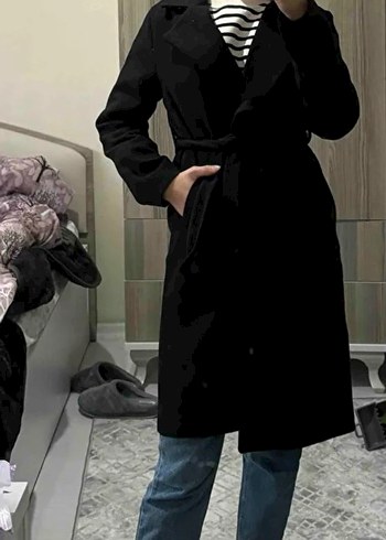 Siyah Kemerli Kadın Kaban/Kaşe