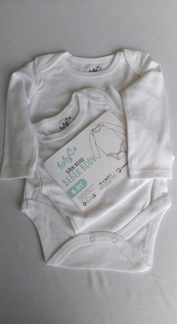 2 Adet Beyaz Uzun Kollu Bebek Body 6 Ay - Görsel 2