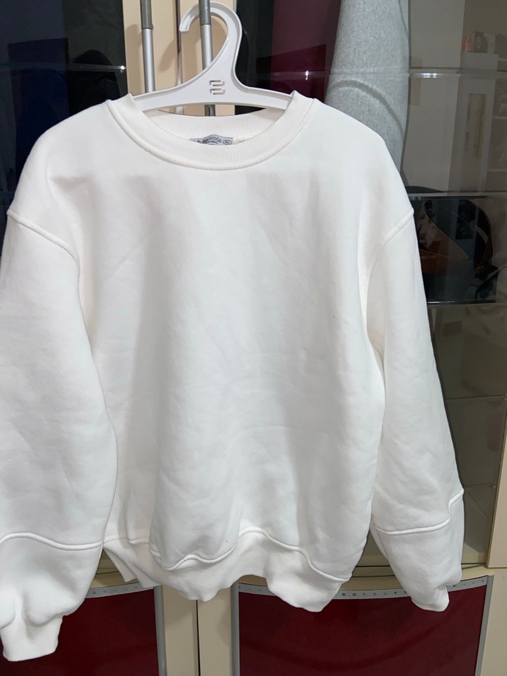 Beyaz Kadın Sweatshirt Uzun Kollu Rahat Kesim - Görsel 5