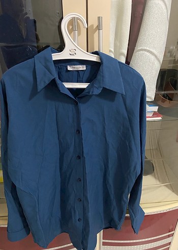 Lacivert Düğmeli Keten Kadın Gömlek - Görsel 2