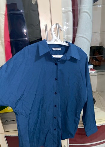 Lacivert Düğmeli Keten Kadın Gömlek - Görsel 5