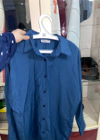 Lacivert Düğmeli Keten Kadın Gömlek - Görsel 3