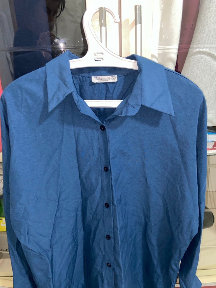 Lacivert Düğmeli Keten Kadın Gömlek - Görsel 4