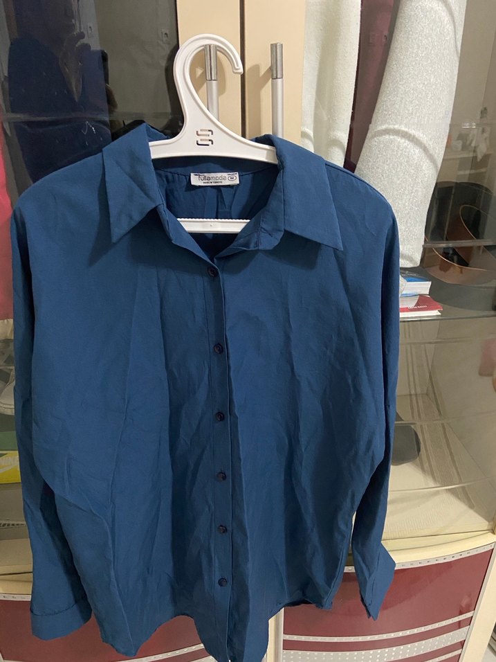 Lacivert Düğmeli Keten Kadın Gömlek - Görsel 2