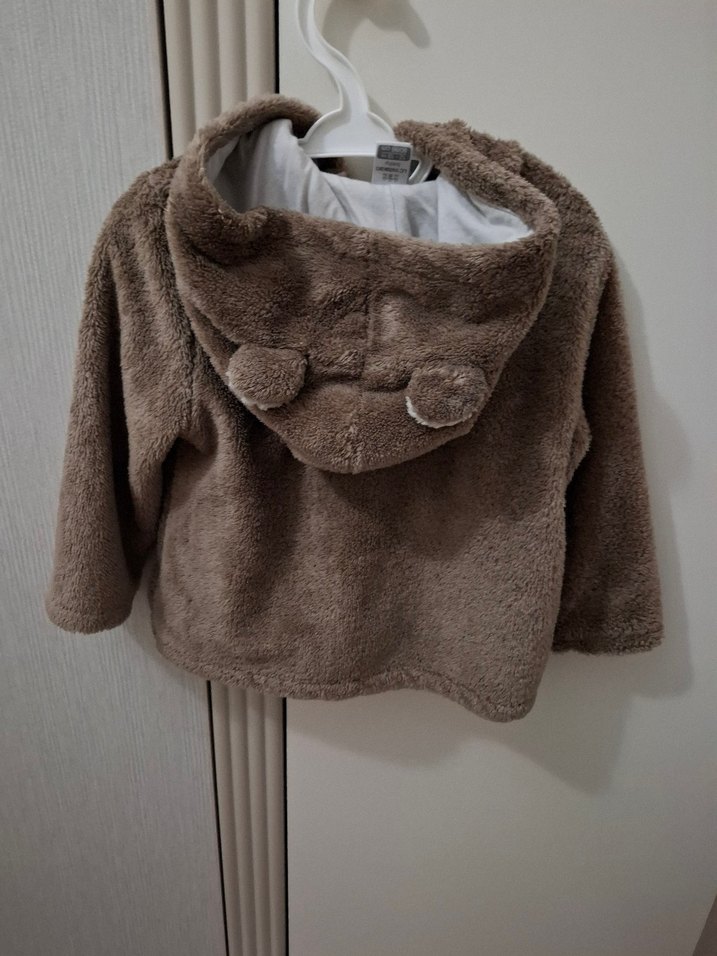 erkek bebek  Kahverengi Kapüşonlu Peluş Ceket - Görsel 2