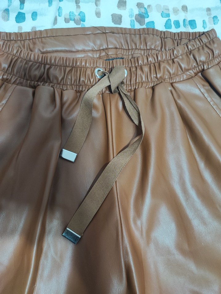 Kadın Kahverengi Deri Bol Kesim Pantolon - Görsel 2