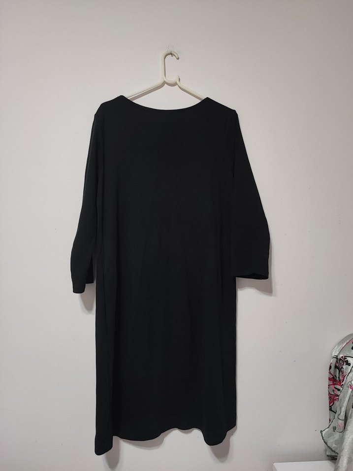 Siyah Midi Keten Uzun Kollu Elbise - Görsel 4