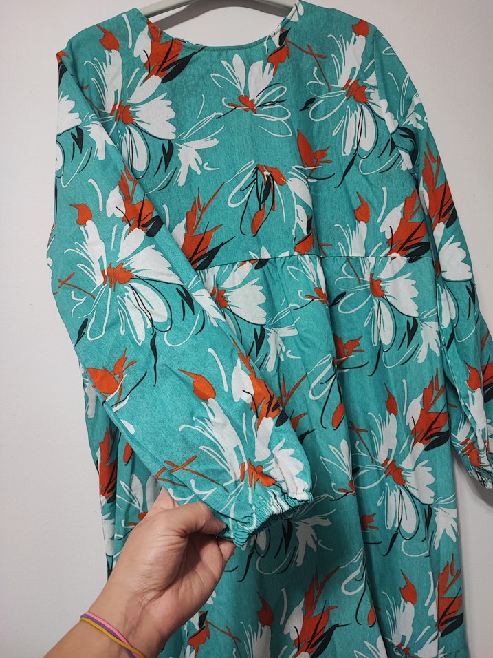 Turkuaz Çiçekli Uzun Bohem Elbise - Görsel 2