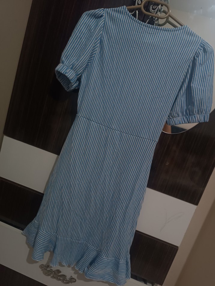 Mavi Çizgili Midi Bohem Elbise - Görsel 2