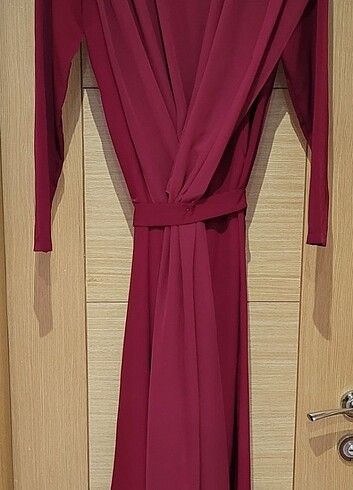 Abiye Tulum Elbise Bordo Renk 38 Beden Pelerinli Tül Detaylı - Görsel 4