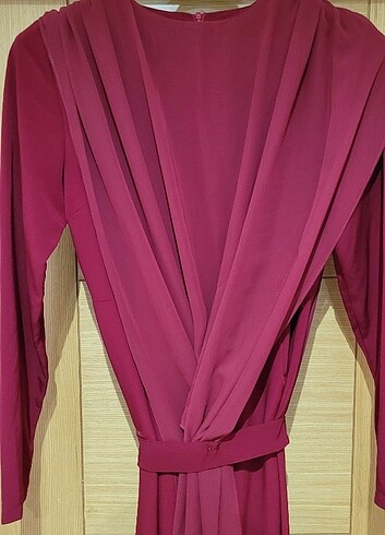 Abiye Tulum Elbise Bordo Renk 38 Beden Pelerinli Tül Detaylı - Görsel 5