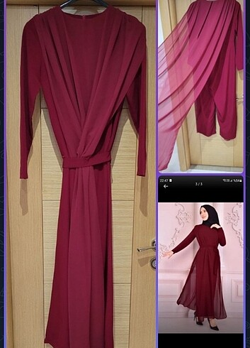 Abiye Tulum Elbise Bordo Renk 38 Beden Pelerinli Tül Detaylı - Görsel 8