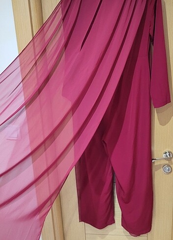 Abiye Tulum Elbise Bordo Renk 38 Beden Pelerinli Tül Detaylı - Görsel 7